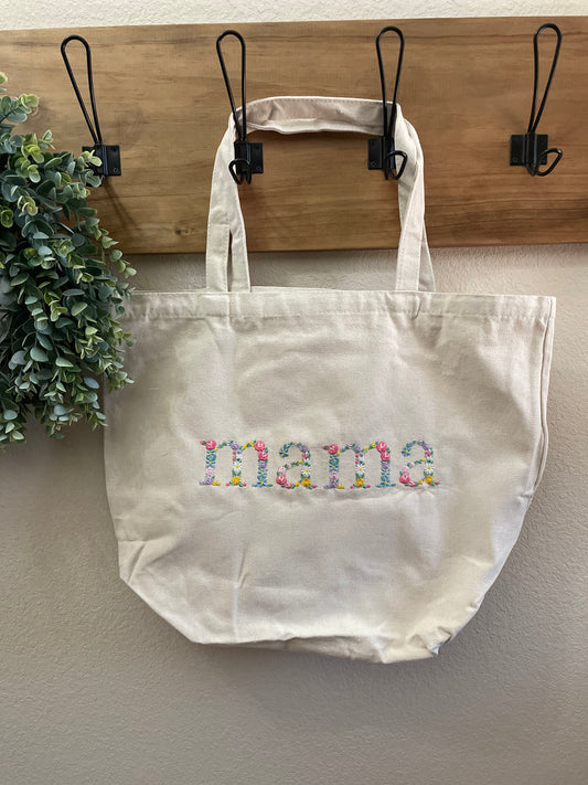 MAMA Floral Embroidered Tote Bag