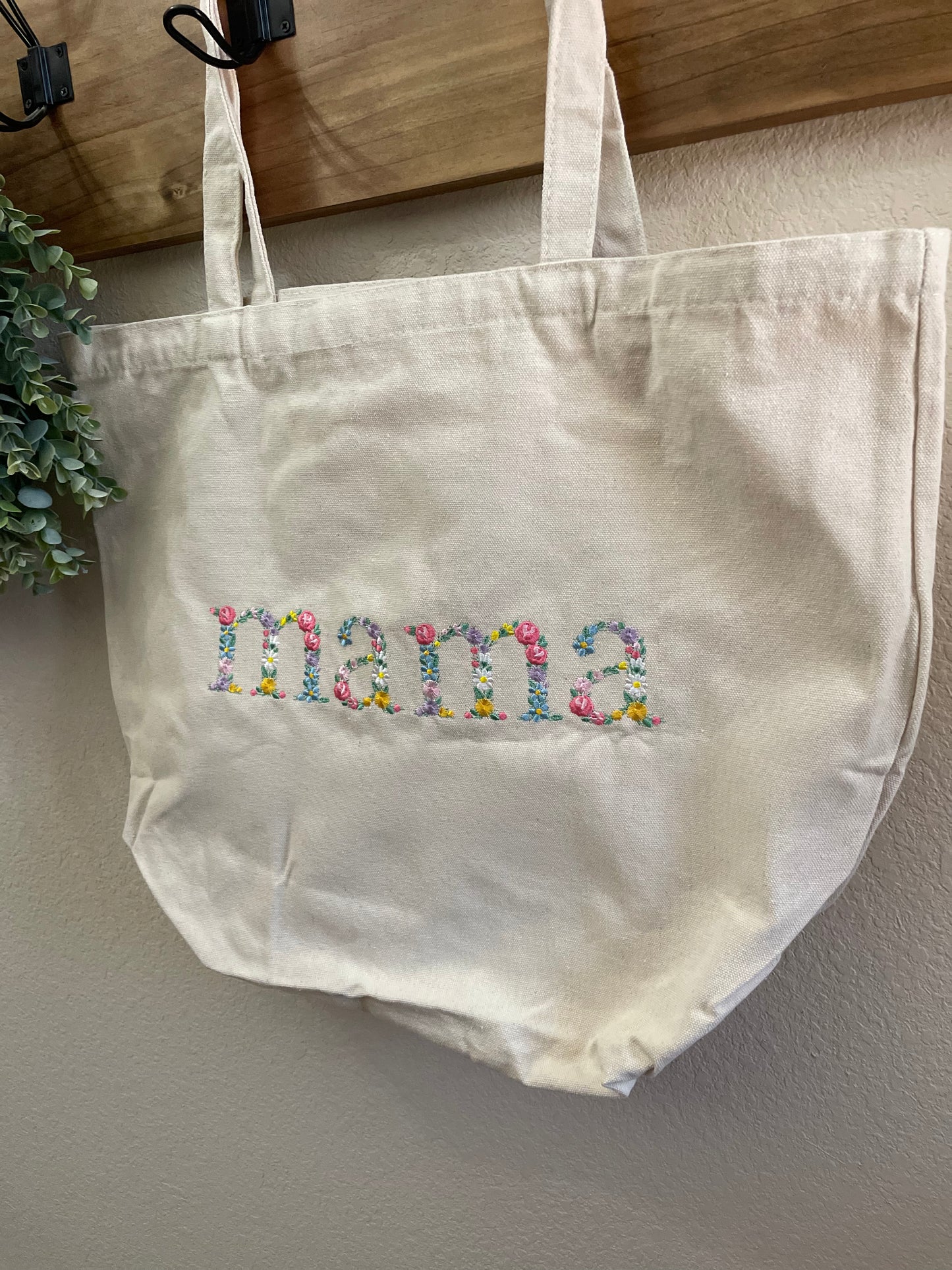 MAMA Floral Embroidered Tote Bag
